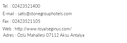 Royal Seginus Hotel telefon numaralar, faks, e-mail, posta adresi ve iletiim bilgileri